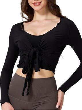 Bamboo Black Long-Sleeve Tie-Front Crop Top